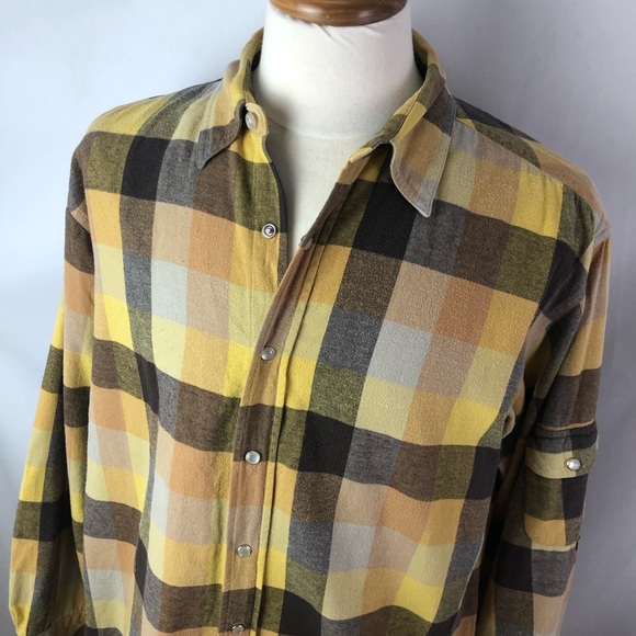 Dickies plaid flannel yellow brown snap shirt SzXL - Picture 1 of 8